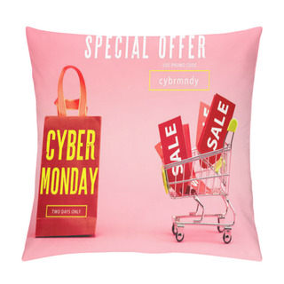 Personality  Red Tags With Sale In Shopping Trolley Near Paper Bag With Cyber Monday Lettering On Pink Pillow Covers