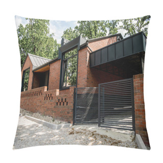 Personality  Housing Trends, Brick Contemporary House With Metal Gates And Brick Fence Pillow Covers