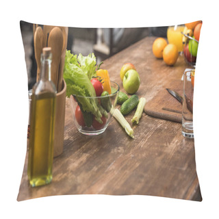 Personality  Close-up View Of Fresh Vegetables In Glass Bowl, Oil In Bottle And Wooden Kitchen Utensils On Table Pillow Covers