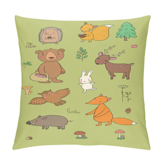 Personality  Animals Of The Forest. Set With Cute Cartoon Bears, Fox, Hare And Squirrel, Owl And Deer. Design For Children - Vector Pillow Covers