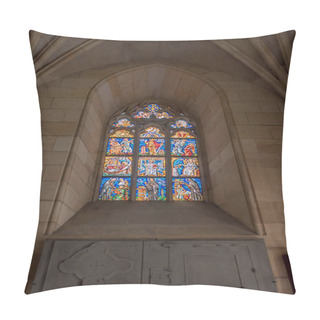 Personality  PRAGUE, CZECH REPUBLIC - JULY 23, 2018: Stained Glass Window Inside St Vitus Cathedral In Prague, Czech Republic Pillow Covers