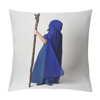 Personality  Full Length Portrait Of Beautiful Female Model Wearing Elegant Fantasy Blue Ball Gown, Flowing Cape With Hood.Standing Pose Walking Away, Holding A Wooden Wizard Staff. Isolated On White Studio Background. Pillow Covers