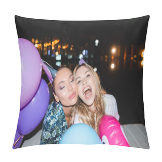 Personality  Selective Focus Of Young Women In Party Caps Near Balloons At Night  Pillow Covers