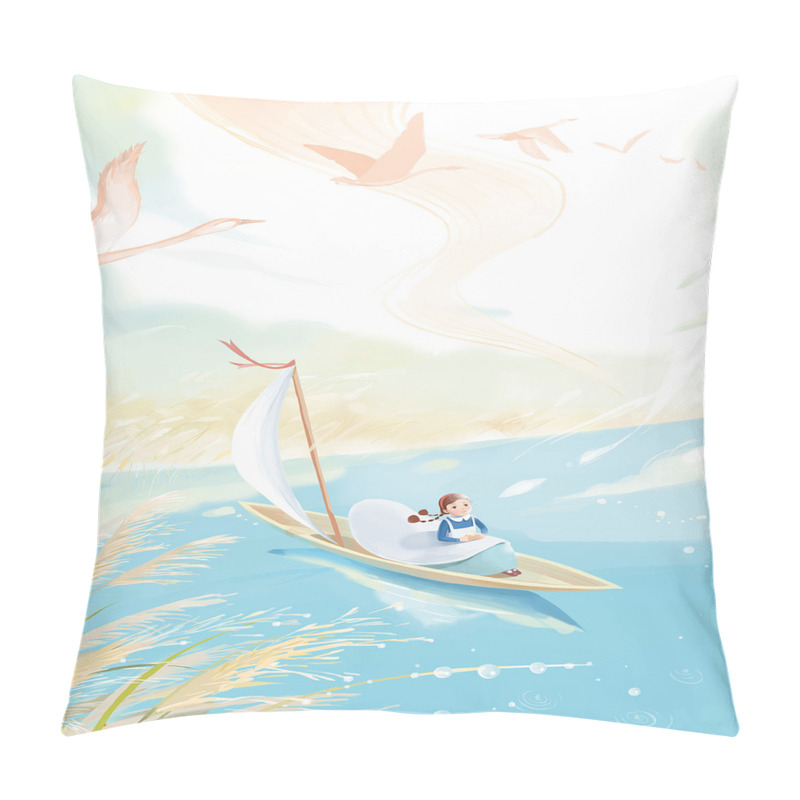 Personalise  Girl in Boat on Lake Birds pillow covers