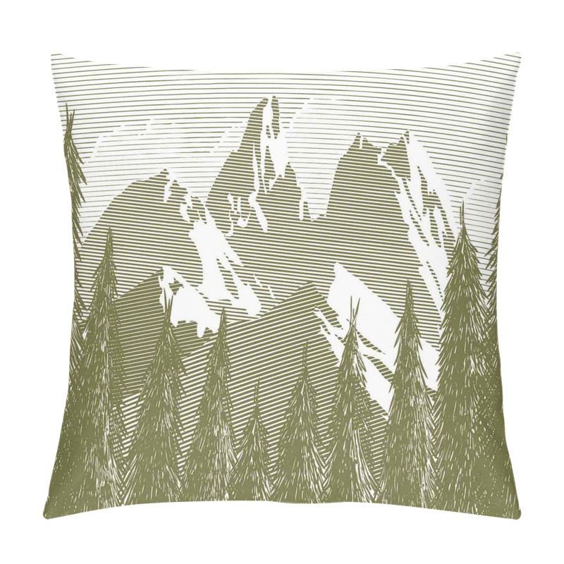 Custom  Woodcut Style Mountain Land pillow covers