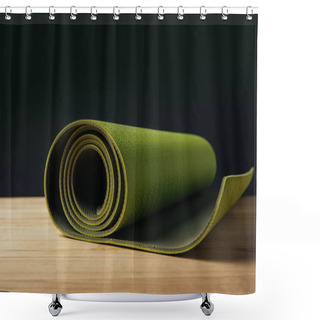 Personality  Green Rolled Yoga Mat On Wooden Surface On Black Shower Curtains