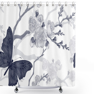 Personality  Seamless Pattern With Butterfly And Cherry Branch. Shower Curtains