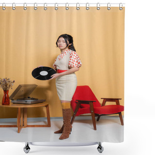 Personality  Asian Woman In Retro Clothes Holding Record Near Player And Armchair On Orange Background Shower Curtains
