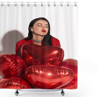 Personality  Stylish Woman With Red Lips Blowing Kiss Near Heart Shaped Balloons On White Background With Shadow  Shower Curtains