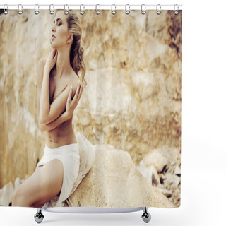 Personality  Sensual Pale Lady Posing Over The Rocks Shower Curtains