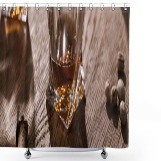 Personality  Panoramic Shot Of Brandy, Cigar And Pistachios On Wooden Table Shower Curtains