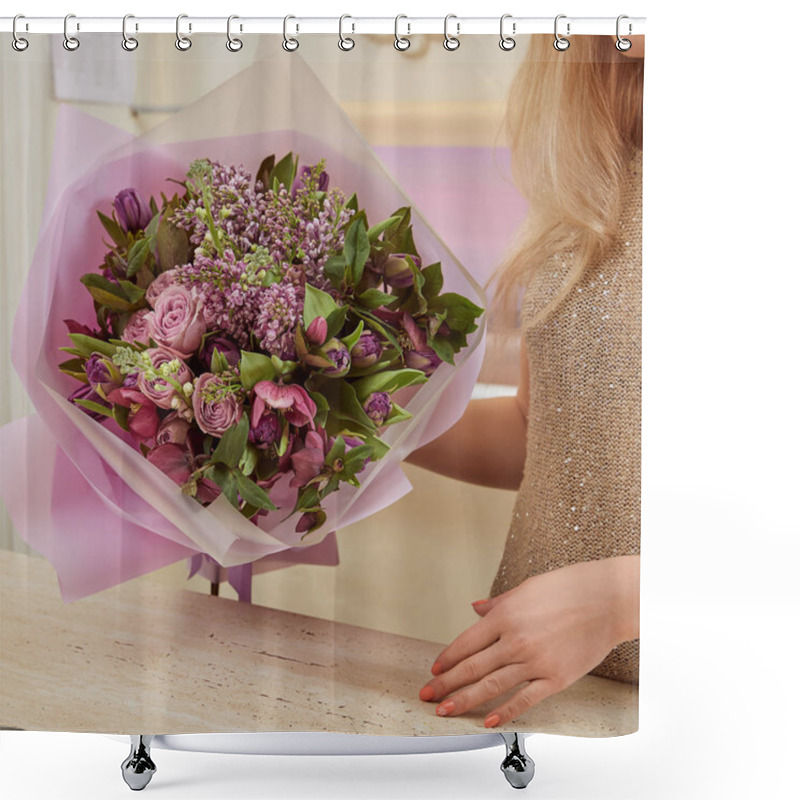 Personality  Partial View Of Florist Holding Bouquet Of Tulips, Peonies And Lilac Shower Curtains
