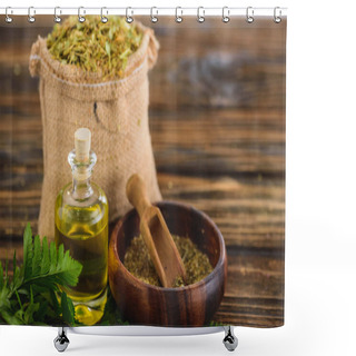 Personality  Bottle With Essential Oil, Wooden Bowl, Spatula And Sackcloth With Dried Herbs On Wooden Surface Shower Curtains