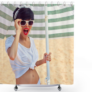 Personality  A Beautiful Young Girl In Retro Look With Red Lips In A White Sw Shower Curtains