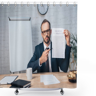 Personality  Selective Focus Of Bearded Lawyer In Glasses Holding Pen And Contract With Insurance Policy Lettering In Office Shower Curtains