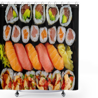 Personality  Close Up Of Japanese Sushi Roll With Raw Fish. Healthy Seafood. Shower Curtains