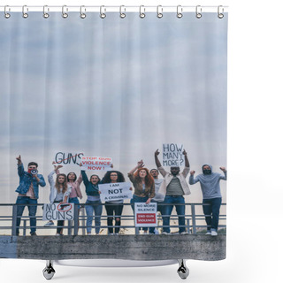 Personality  Man With Scarf On Face Screaming In Megaphone Near Multicultural People With Lettering On Placards  Shower Curtains