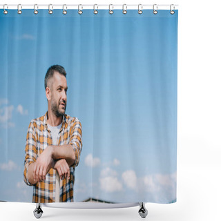 Personality  Handsome Farmer In Checkered Shirt Leaning On Shovel And Looking Away Shower Curtains