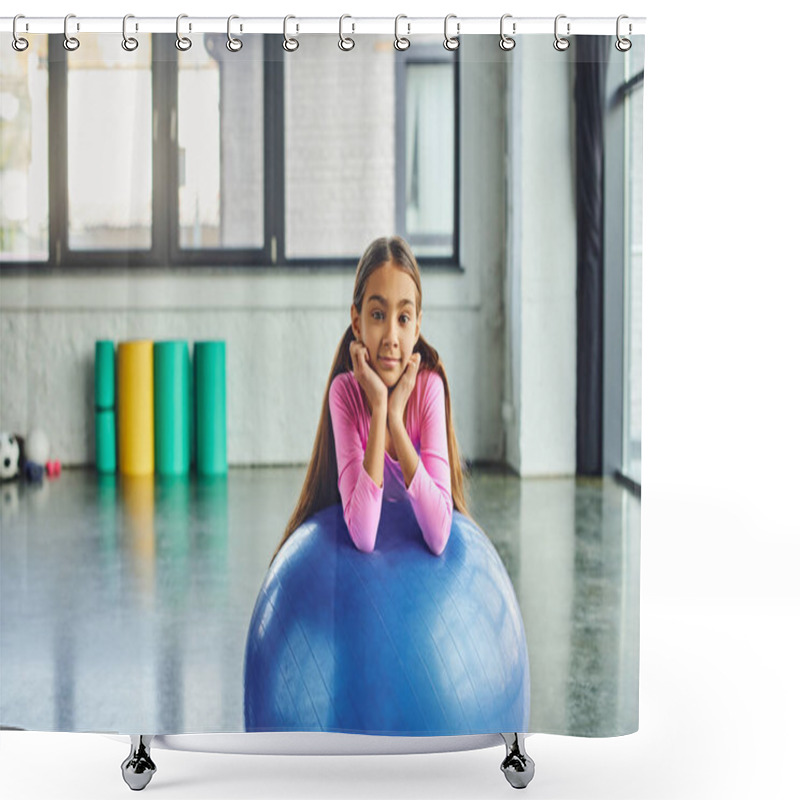 Personality  Jolly Little Girl With Long Hair In Pink Sportswear Posing With Fitness Ball, Hands Under Chin Shower Curtains