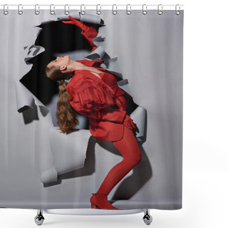 Personality  Fashionable Young Woman In Red Outfit With Bold Makeup Posing Near Torn Grey Background With Hole Shower Curtains