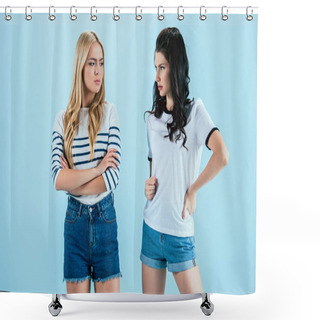 Personality  Studio Shot Of Offended Girls Isolated On Blue Shower Curtains
