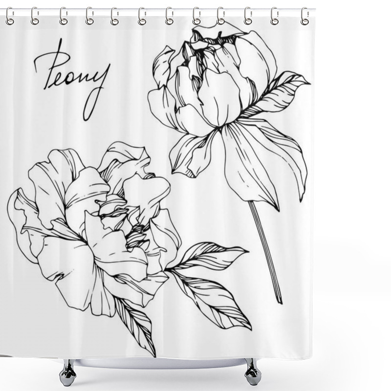 Personality  Vector isolated monochrome peony flowers sketch and handwritten lettering on white background. Engraved ink art.  shower curtains