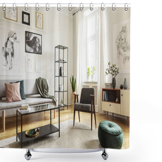 Personality  Pouf Next To Armchair In Living Room Interior With Table In Front Of Sofa Under Posters. Real Photo Shower Curtains