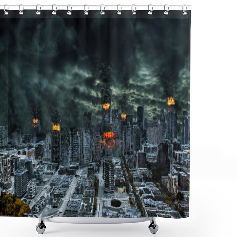 Personality  Cinematic Portrayal Of Destroyed City With Copy Space Shower Curtains