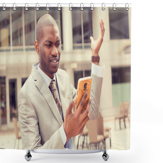 Personality  Closeup Unhappy Young Man In Suit Talking Texting On Cellphone Outdoors Shower Curtains