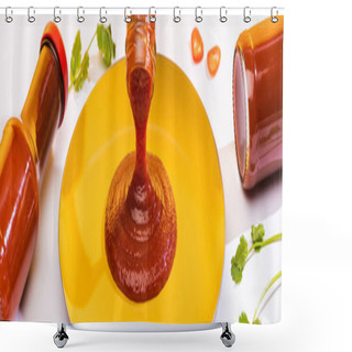 Personality  Panoramic Shot Of Ketchup On Plate With Cilantro On White Background Shower Curtains