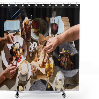 Personality  Cropped View Of People Eating Delicious Food In Restaurant  Shower Curtains