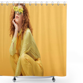 Personality  Stylish Redhead Woman In Sunglasses With Flowers Sitting Isolated On Yellow  Shower Curtains