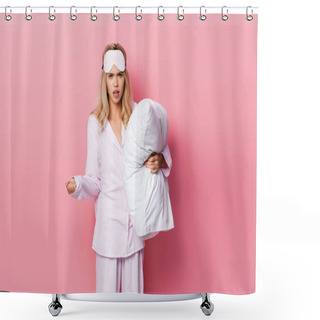 Personality  Angry Woman In Pajamas And Blindfold Holding Pillow On Pink Background Shower Curtains