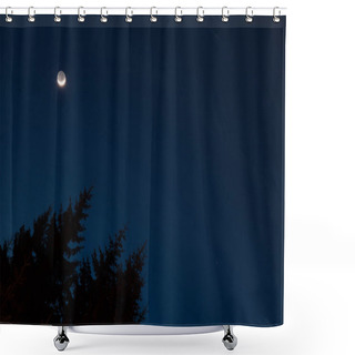 Personality  Milky Way Stars, Moon And Tree Silhouettes Photographed With Wide-angle Lens.  Shower Curtains