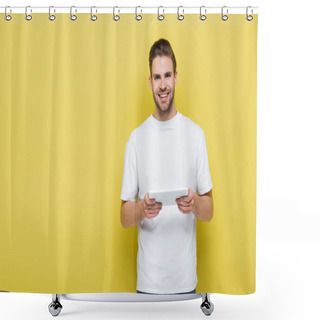 Personality  Happy Man In White T-shirt Holding Digital Tablet And Smiling At Camera On Yellow Shower Curtains