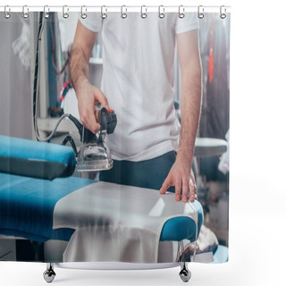 Personality  Cropped Shot Of Dry Cleaning Worker Using Industrial Iron At Warehouse Shower Curtains