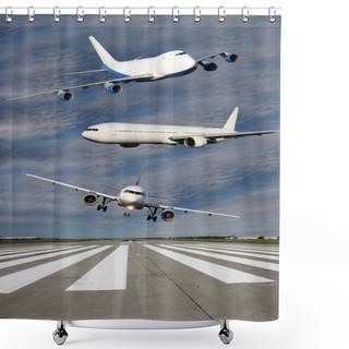 Personality  Three Airliners Flying Over Runway Shower Curtains