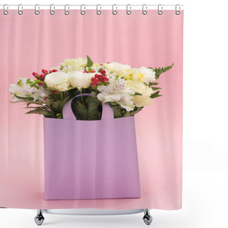 Personality  Bouquet Of Flowers In Violet Paper Bag On Pink Background Shower Curtains