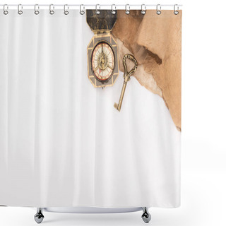 Personality  Top View Of Vintage Key, Compass And Aged Paper Isolated On White Shower Curtains
