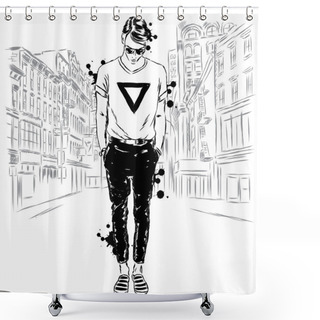 Personality  Stylish Man On A City Street . Hipster. Vector Illustration. Shower Curtains