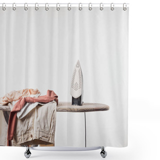 Personality  Clothes And Iron On Ironing Board Isolated On Grey Shower Curtains