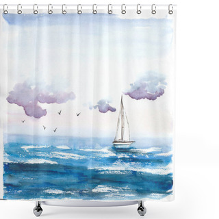 Personality  Watercolor Illustration Of Blue Sea With White Boat And Clouds Sky Shower Curtains
