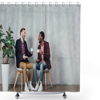 Personality  Happy Multiethnic Men Sitting, Drinking Coffee And Talking In Waiting Hall Shower Curtains