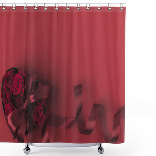 Personality  Top View Of Roses In Heart Shaped Gift Box With Ribbon Isolated On Red, St Valentines Day Holiday Concept Shower Curtains
