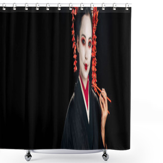 Personality  Smiling Beautiful Geisha In Black Kimono With Red Flowers In Hair Holding Chopsticks Isolated On Black, Panoramic Shot Shower Curtains