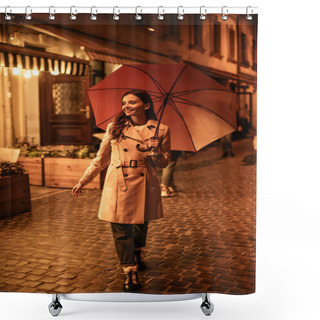 Personality  Cheerful Young Woman Walking On Evening Street With Umbrella Shower Curtains