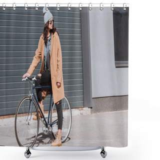 Personality   Woman In Autumn Outfit Sitting On Bicycle Shower Curtains