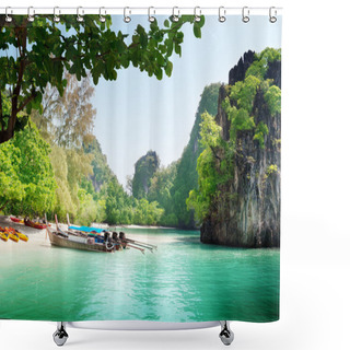 Personality  Long Boats On Island In Thailand Shower Curtains