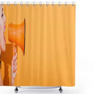 Personality  Panoramic Crop Of Young Woman Screaming In Megaphone On Orange Shower Curtains