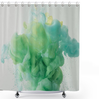 Personality  Light Background With Mixing Turquoise And Green Paint In Water, Isolated On Grey Shower Curtains